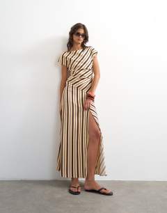 Linen rich fallen shoulder maxi dress in natural stripe