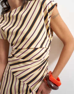 Model wearing Linen rich fallen shoulder maxi dress in natural stripe