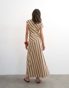 Model wearing Linen rich fallen shoulder maxi dress in natural stripe