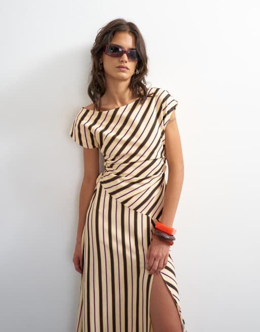Topshop linen rich fallen shoulder maxi dress in neutral stripe, 4 of 4