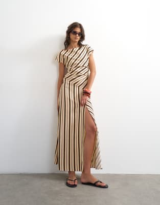 Topshop Linen Rich Fallen Shoulder Midaxi Dress In Neutral