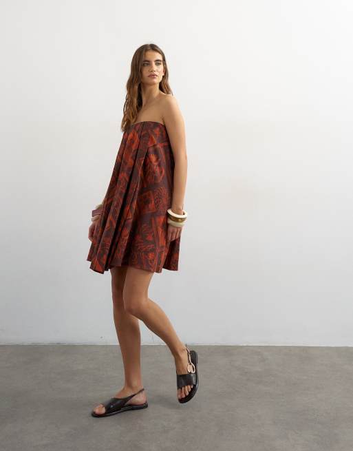 Topshop linen rich full trapeze bandeau mini dress in rust boutique scarf  print | ASOS