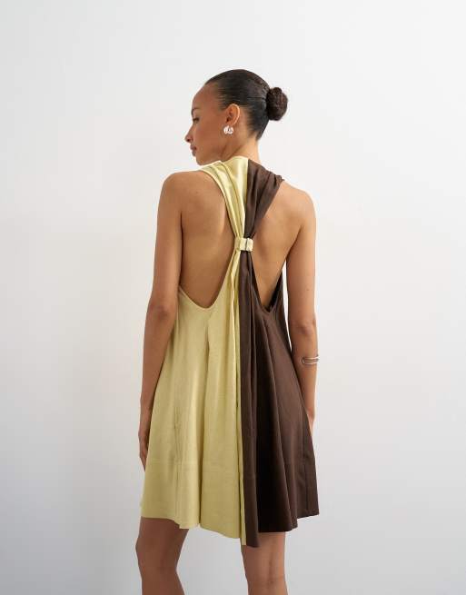 Topshop linen rich halter deep hem mini trapeze dress in brown and lime color block