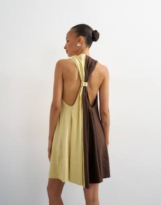 Topshop linen rich halter deep hem mini trapeze dress in brown and lime colour block