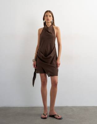 Linen rich halter neck wrap mini dress in chocolate