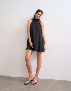 Linen rich high neck trapeze mini dress in black