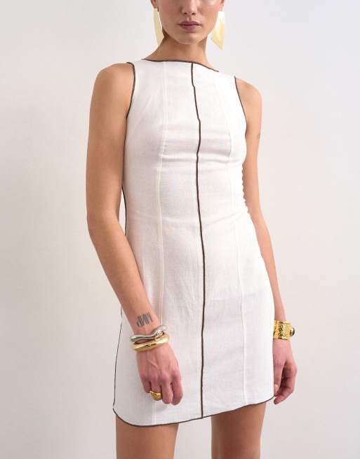 Topshop linen rich mini shift dress in ecru with top stitch, 2 of 4