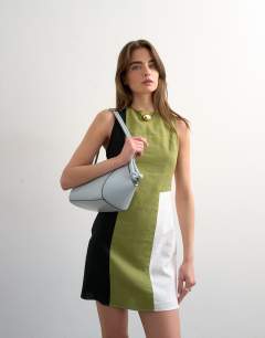 Linen rich open back mini dress in khaki colour block