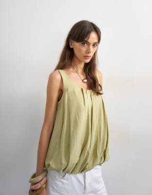 Topshop Linen Rich Twist Bubble Hem Cami In Blue