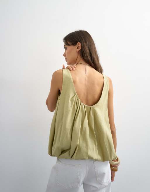 Topshop linen rich twist bubble hem cami in sage green, 3 of 4