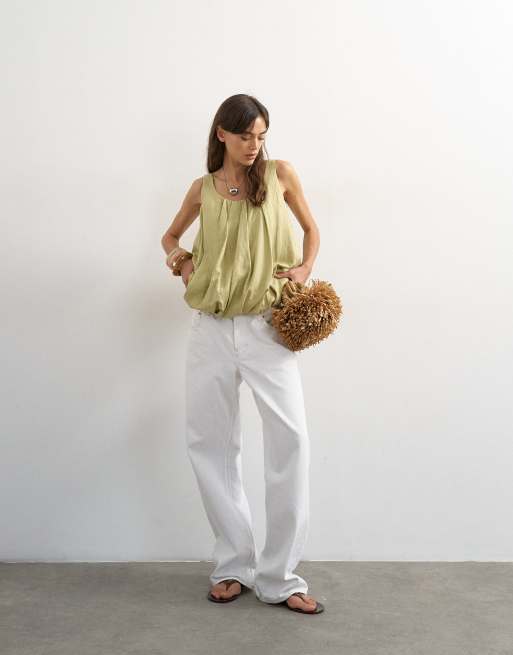 Topshop linen rich twist bubble hem cami in sage green, 4 of 4