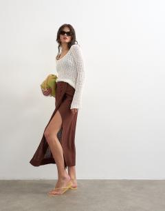 Linen sarong maxi skirt in brown