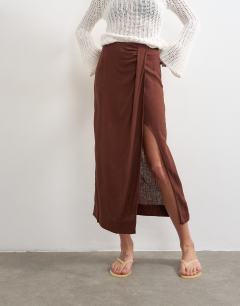 Model wearing Linen sarong maxi skirt in brown