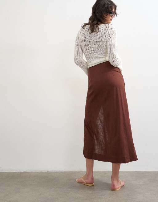 Topshop linen sarong maxi skirt in brown, 3 of 5