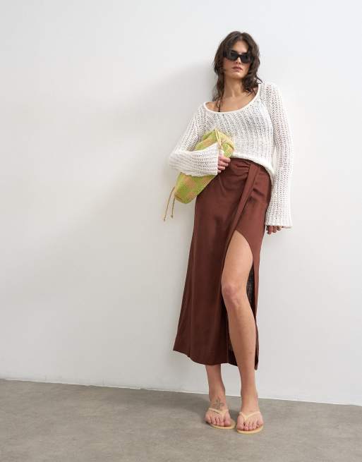 Topshop linen sarong maxi skirt in brown, 4 of 5