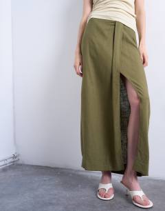 Model wearing Linen sarong maxi skirt in green