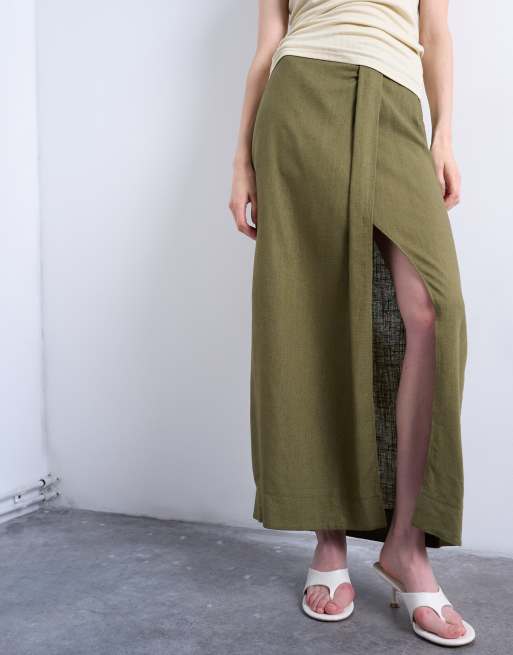 Topshop linen sarong maxi skirt in green, 2 of 5