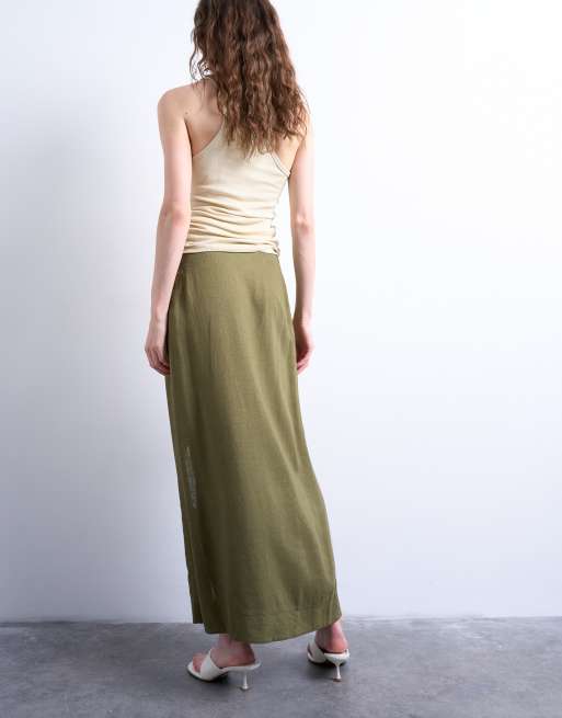 Topshop linen sarong maxi skirt in green, 3 of 5