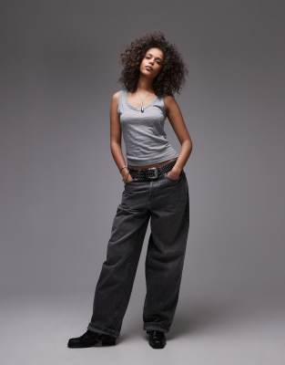 Topshop Linen Scoop Neck Tank Top In Gray