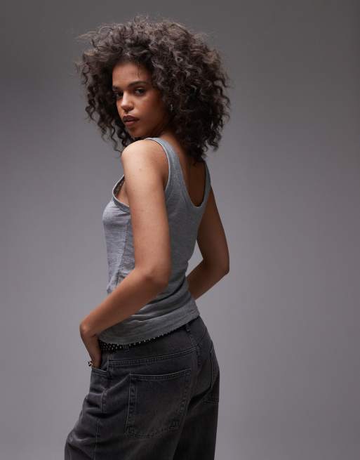 Topshop linen scoop neck tank top in gray | ASOS