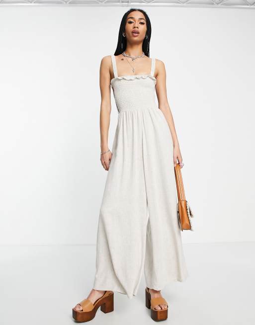 Topshop linen shirred jumpsuit in natural beige | ASOS