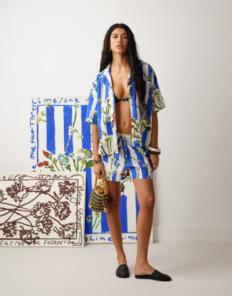 Topshop Linen Short Co-Ord in Visual Blue Conversational Print - view 1