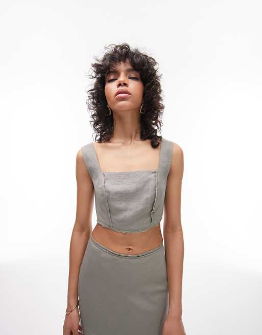 Topshop linen square neck bralette in khaki - part of a set