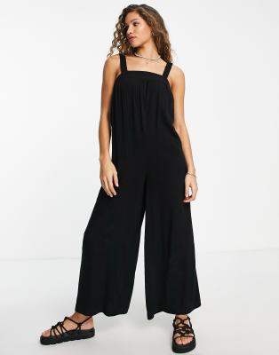 Topshop linen square neck romper jumpsuit in black