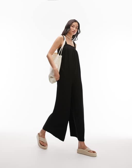 Topshop linen square neck romper jumpsuit in black