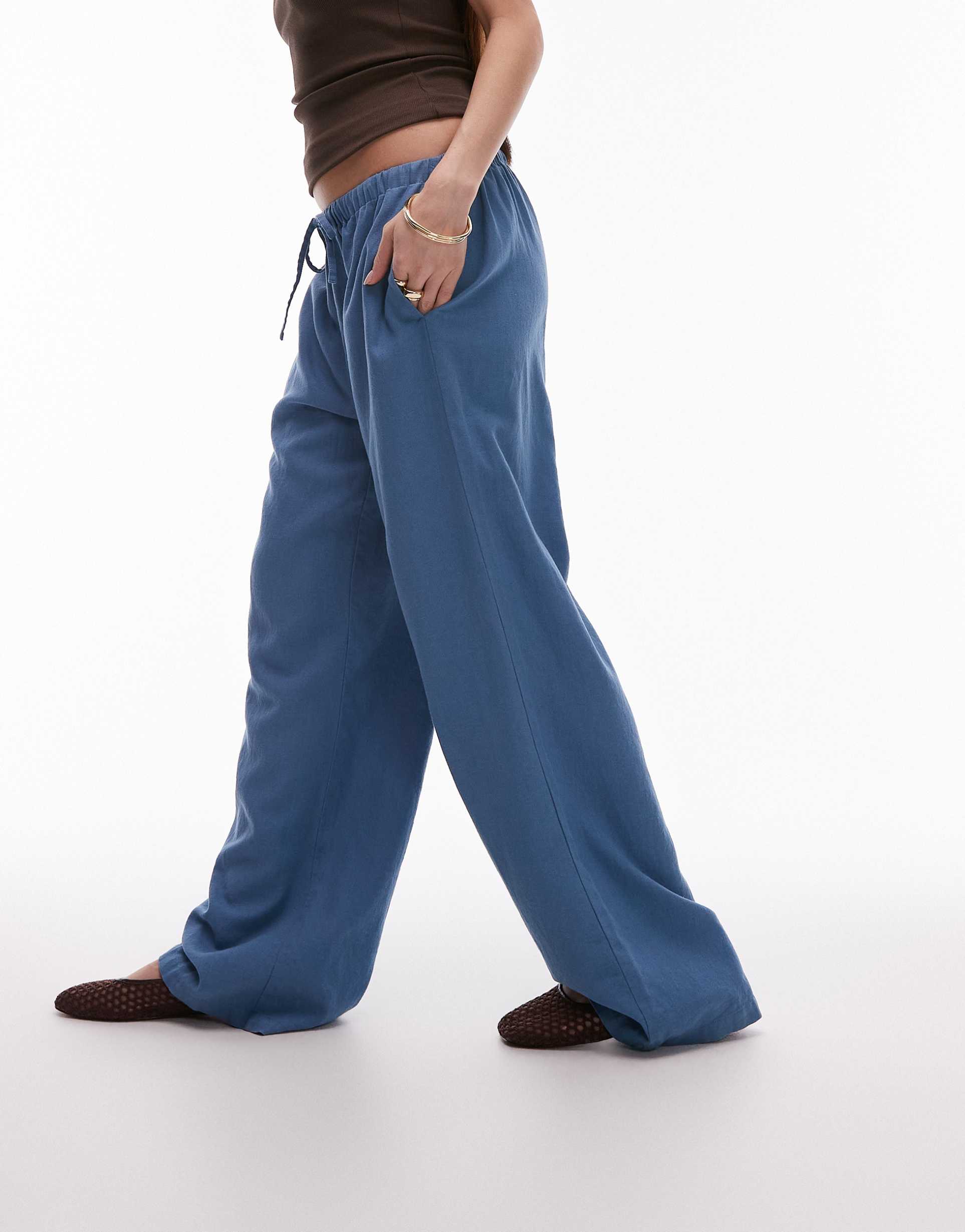 topshop linen straight leg pants in denim blue