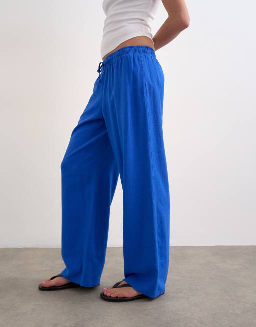 Topshop linen straight leg pants with deep cuff in cobalt, 2 of 5