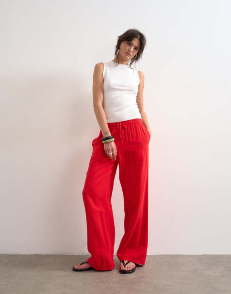 Topshop linen straight leg pants with deep cuff in red - view 1