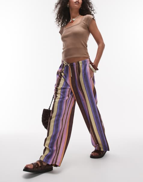 Topshop linen straight leg trouser in multi stripe