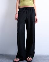 Topshop linen straight leg trouser with deep cuff in black