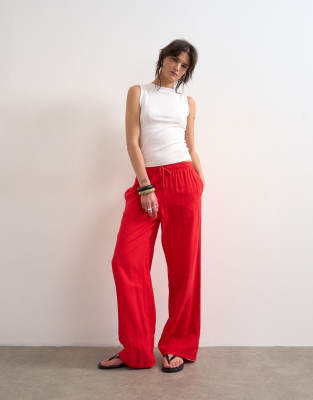 Topshop Women's Red Linen Straight Leg Trouser With Deep Cuff In