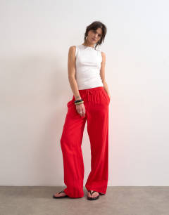 Linen straight leg trouser with deep cuff in red