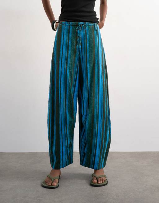 Topshop linen stripe clean tie waist barrel trouser in blue, 2 of 5