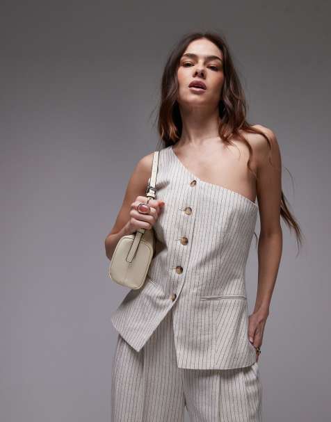 Topshop linen striped one shoulder top in cream - part of a set - view 1