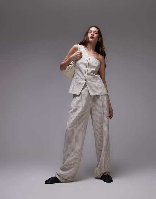 Topshop linen striped one shoulder top in cream - part of a set, 2 of 4