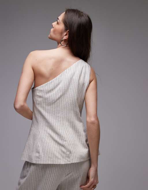Topshop linen striped one shoulder top in cream - part of a set, 4 of 4