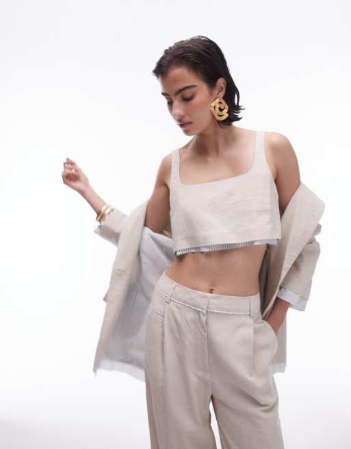 Topshop linen tailored bralet with exposed lining in ecru (part of a set)