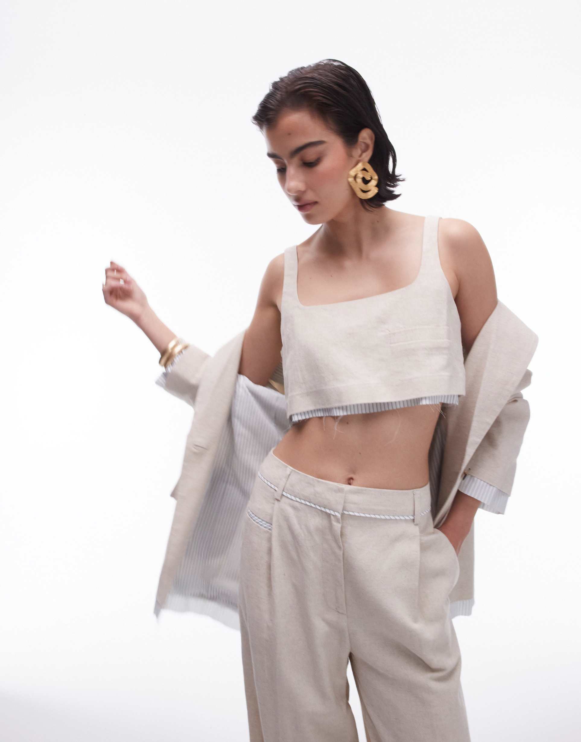 topshop linen tailored bralette with exposed lining in ecru - part of a set