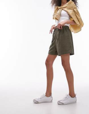 Topshop Linen Tie Front Shorts In Khaki-green