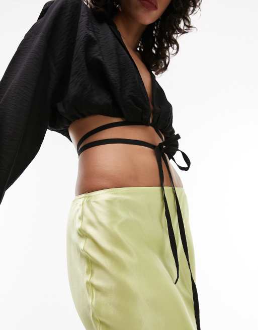 Topshop linen tie waist crop shirt in black , 3 of 4