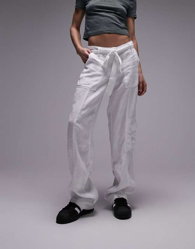 Topshop linen tie waist mid rise straight leg pants in white