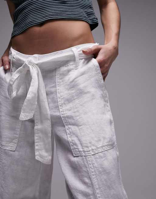 White, Linen Slim Leg Cropped Trouser