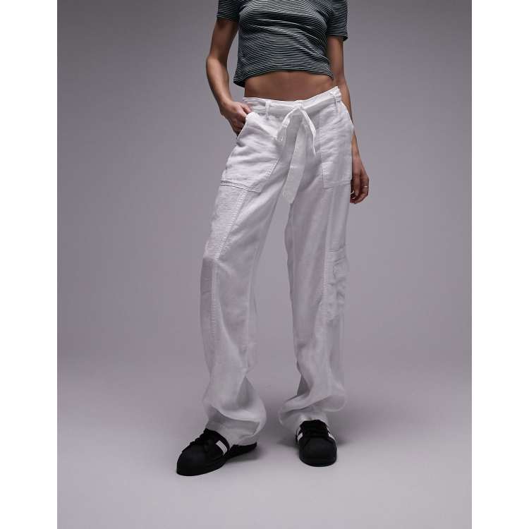 White Linen Look Baggy Low Rise 90'S Cargo'S