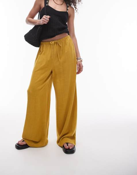 Topshop linen tie waist pants in charteruse - view 1