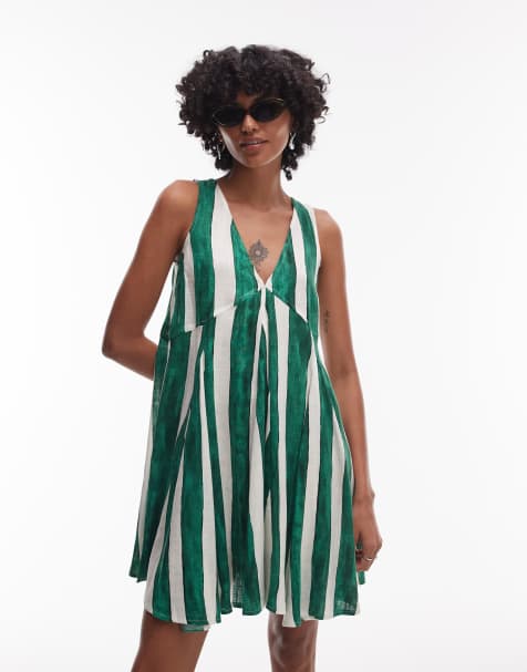 Topshop linen trapeze mini dress in green stripe - view 1