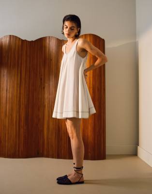 Topshop Linen Trapeze Mini Dress With Deep Hem And Contrast Stitch In Neutral